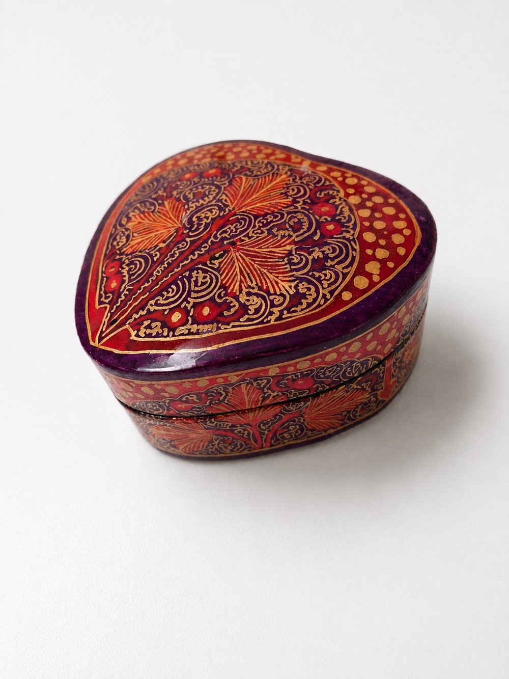 Vintage SERVV Hand Painted Wooden Heart Trinket Box India Floral Gold Design